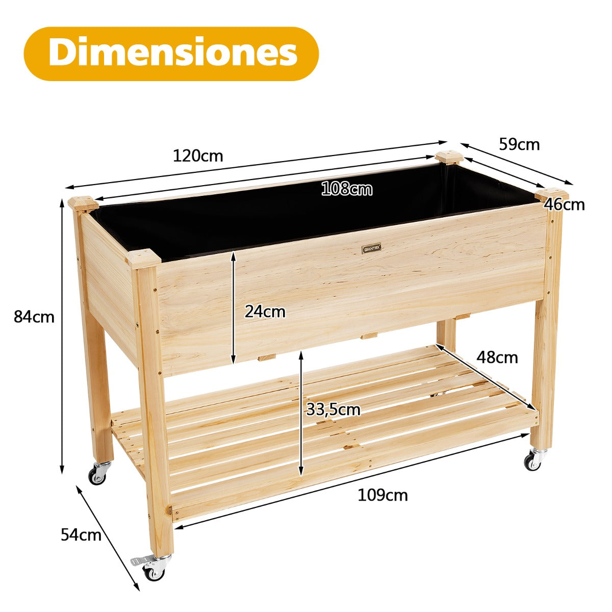Cama de Jardín Elevada de Madera con Ruedas Bloqueables Estante y Forro Protector Caja de Cultivo para Flores Vegetales y Hierbas Natural