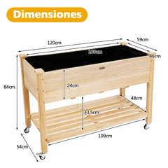 Cama de Jardín Elevada de Madera con Ruedas Bloqueables Estante y Forro Protector Caja de Cultivo para Flores Vegetales y Hierbas Natural