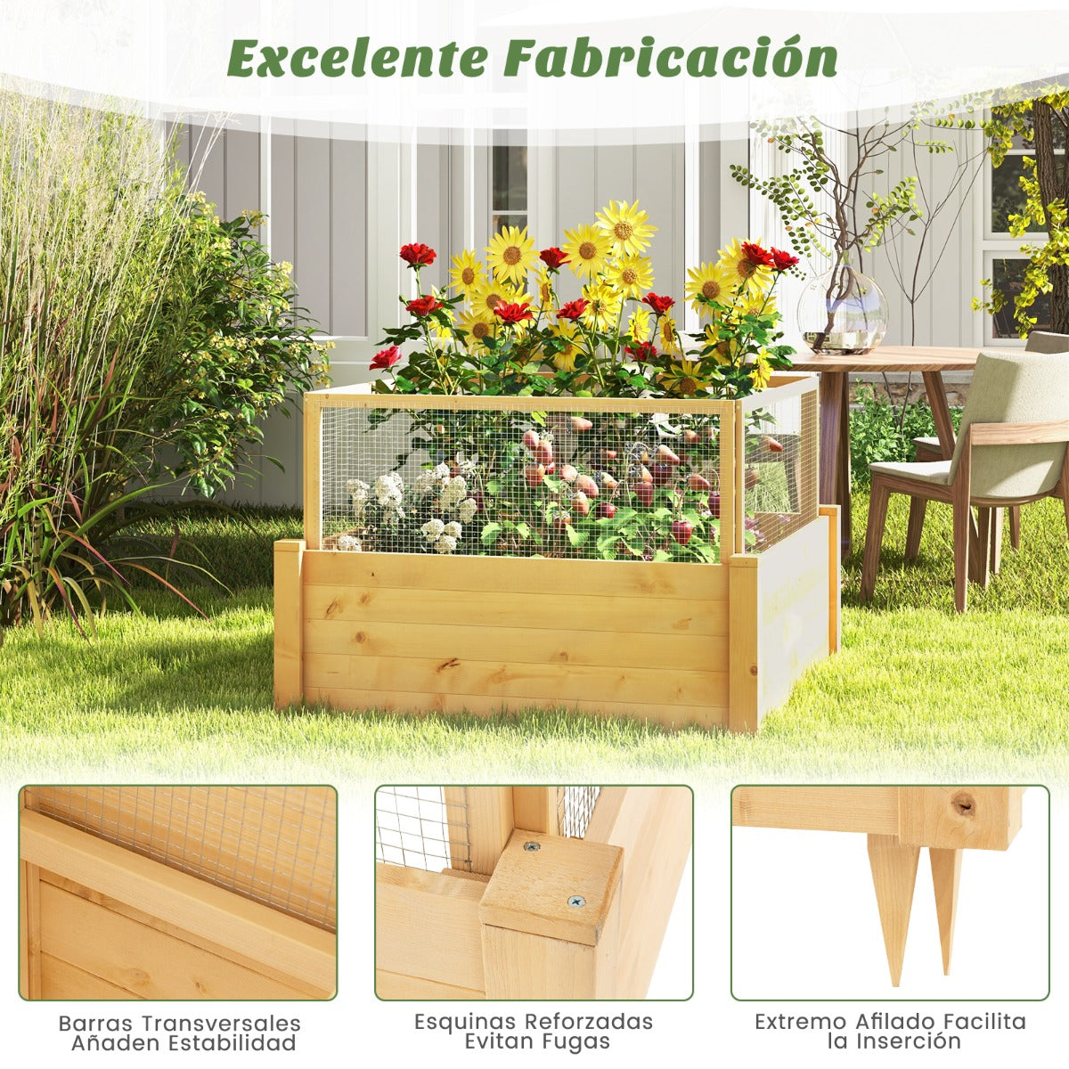Cama de Jardín Elevada con Valla Protectora y Rejilla de Crecimiento para Cultivar Flores Vegetales y Frutas 107 x 107 x 70 cm Natural
