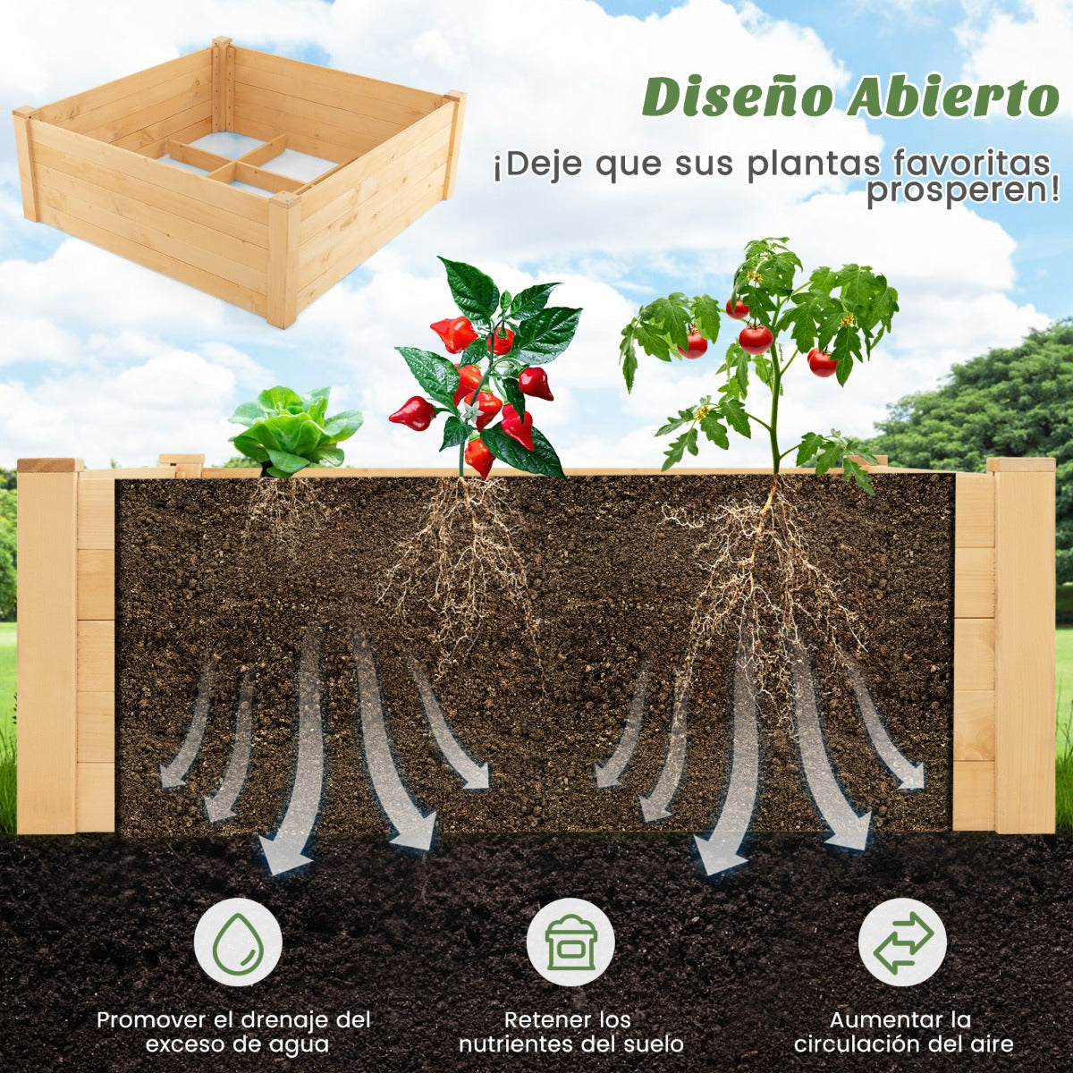 Cama de Jardín Elevada con Valla Protectora y Rejilla de Crecimiento para Cultivar Flores Vegetales y Frutas 107 x 107 x 70 cm Natural