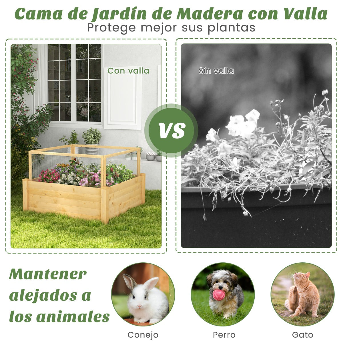 Cama de Jardín Elevada con Valla Protectora y Rejilla de Crecimiento para Cultivar Flores Vegetales y Frutas 107 x 107 x 70 cm Natural