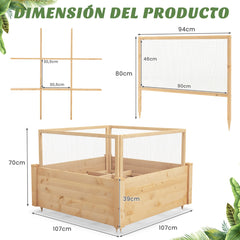 Cama de Jardín Elevada con Valla Protectora y Rejilla de Crecimiento para Cultivar Flores Vegetales y Frutas 107 x 107 x 70 cm Natural