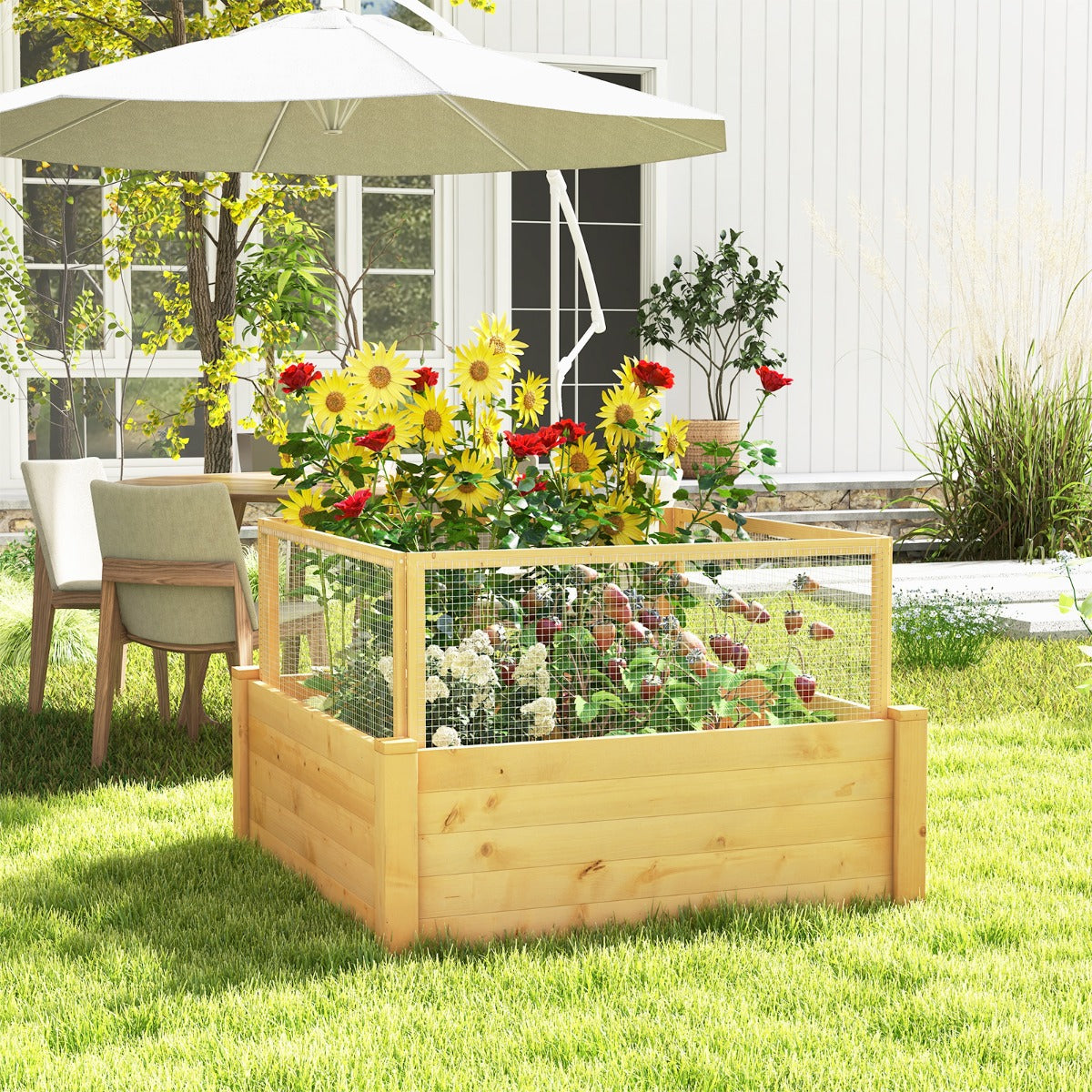 Cama de Jardín Elevada con Valla Protectora y Rejilla de Crecimiento para Cultivar Flores Vegetales y Frutas 107 x 107 x 70 cm Natural