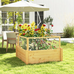 Cama de Jardín Elevada con Valla Protectora y Rejilla de Crecimiento para Cultivar Flores Vegetales y Frutas 107 x 107 x 70 cm Natural