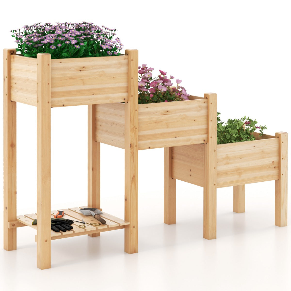 Cama Elevada de Jardín de 3 Niveles Contenedor Vertical para Plantas con Estante Abierto Orificios de Drenaje 161 x 43 x 104 cm Natural