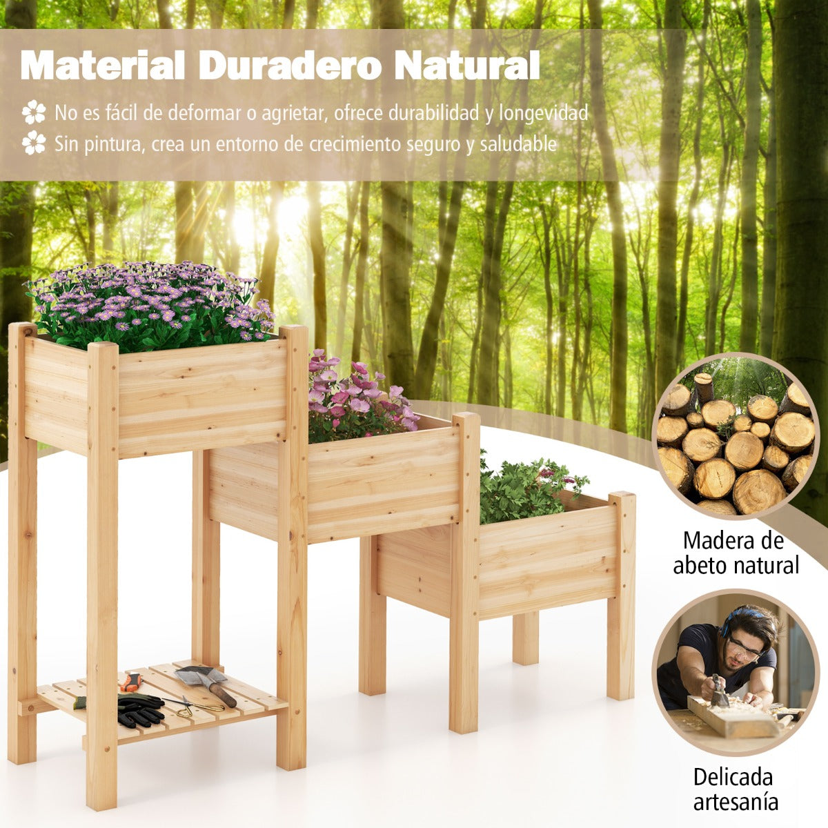 Cama Elevada de Jardín de 3 Niveles Contenedor Vertical para Plantas con Estante Abierto Orificios de Drenaje 161 x 43 x 104 cm Natural