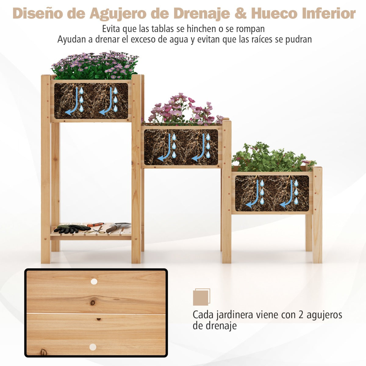 Cama Elevada de Jardín de 3 Niveles Contenedor Vertical para Plantas con Estante Abierto Orificios de Drenaje 161 x 43 x 104 cm Natural