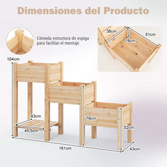 Cama Elevada de Jardín de 3 Niveles Contenedor Vertical para Plantas con Estante Abierto Orificios de Drenaje 161 x 43 x 104 cm Natural