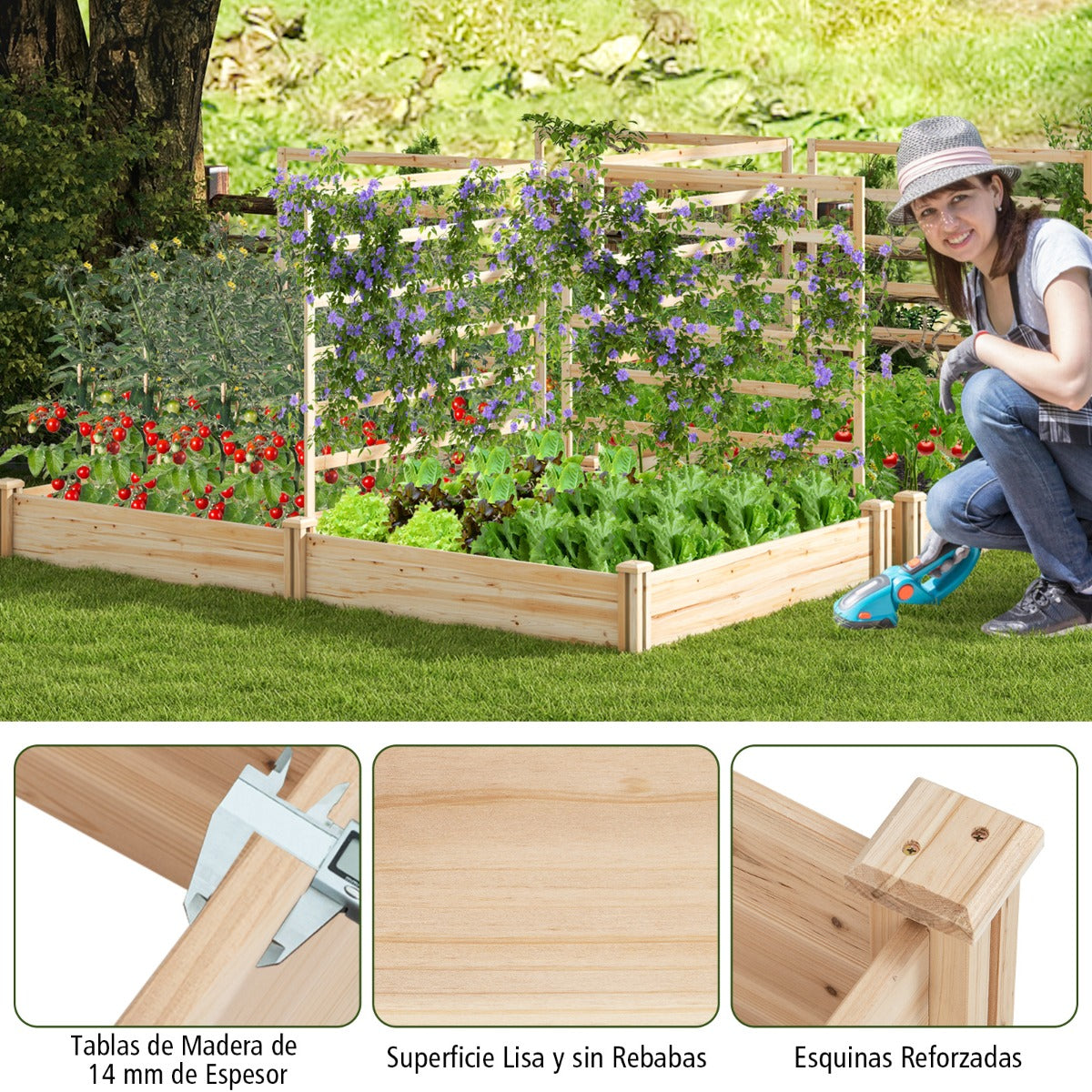 Cama de Jardín Elevada con 2 Maceteros y 3 Enrejados Kit de Macetero de Madera para Exteriores para Patio 222 x 114 x 110 cm Natural
