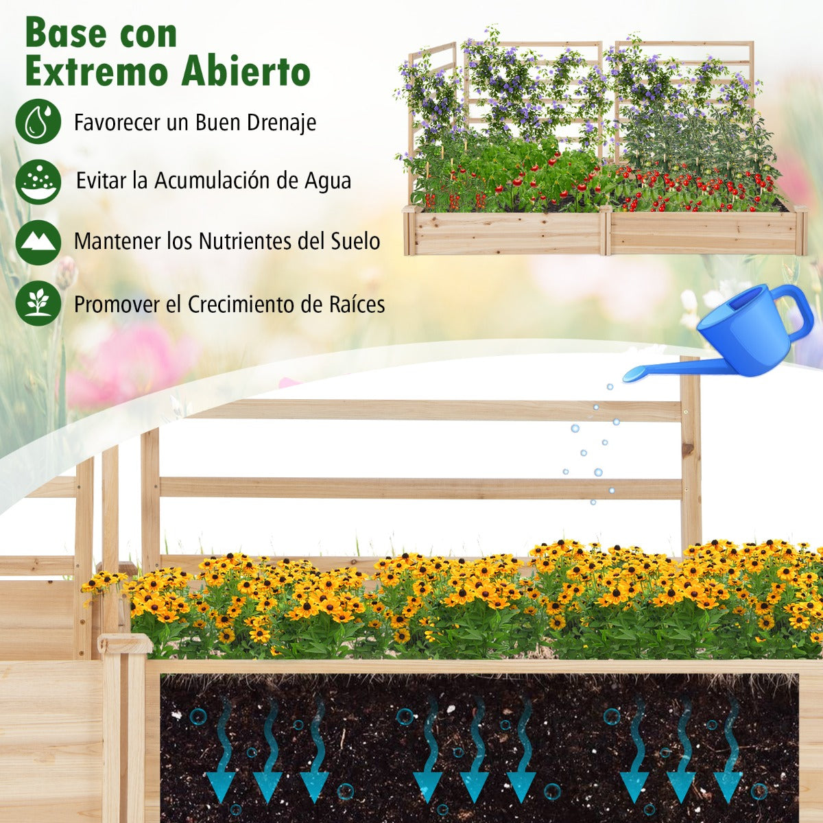 Cama de Jardín Elevada con 2 Maceteros y 3 Enrejados Kit de Macetero de Madera para Exteriores para Patio 222 x 114 x 110 cm Natural