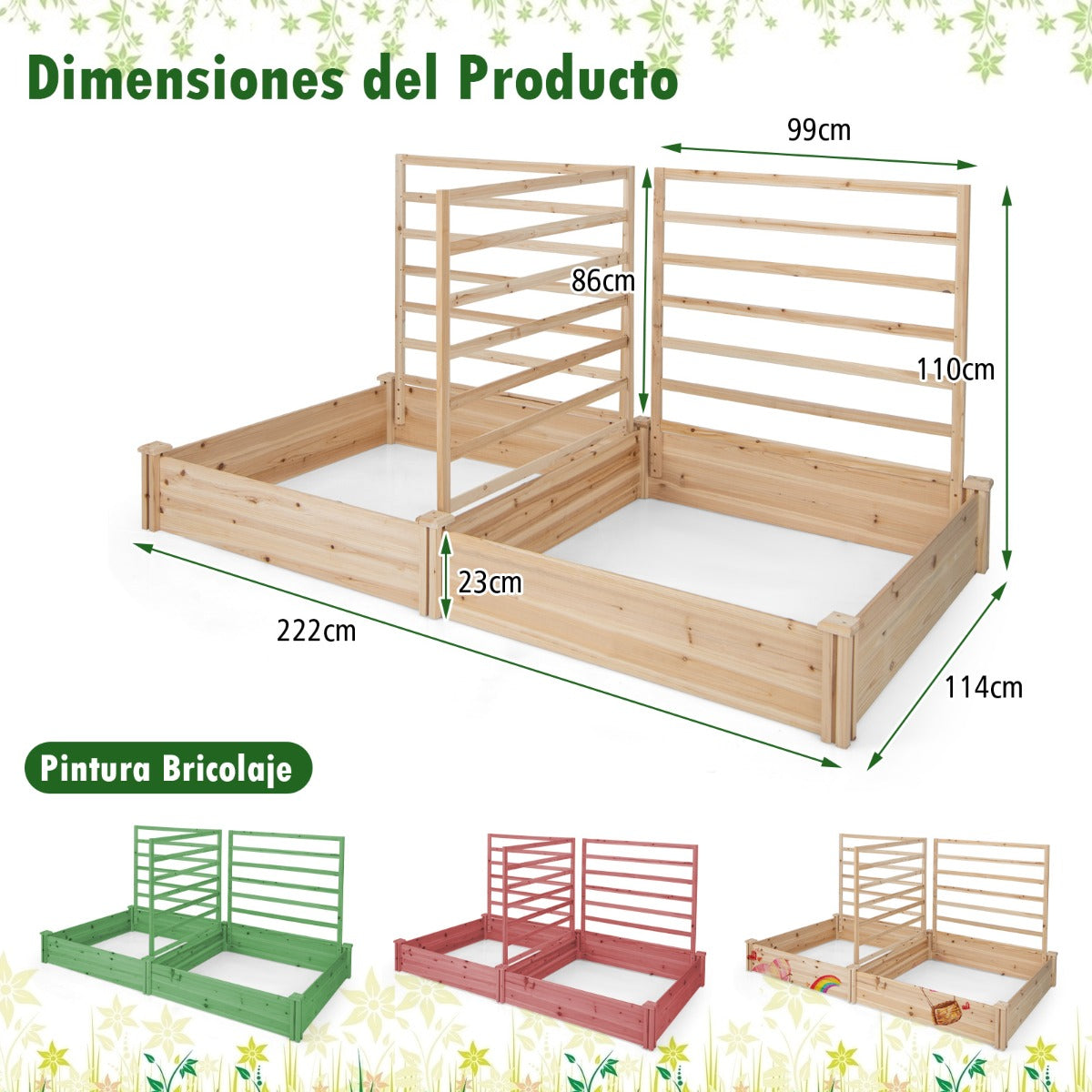 Cama de Jardín Elevada con 2 Maceteros y 3 Enrejados Kit de Macetero de Madera para Exteriores para Patio 222 x 114 x 110 cm Natural