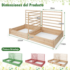 Cama de Jardín Elevada con 2 Maceteros y 3 Enrejados Kit de Macetero de Madera para Exteriores para Patio 222 x 114 x 110 cm Natural