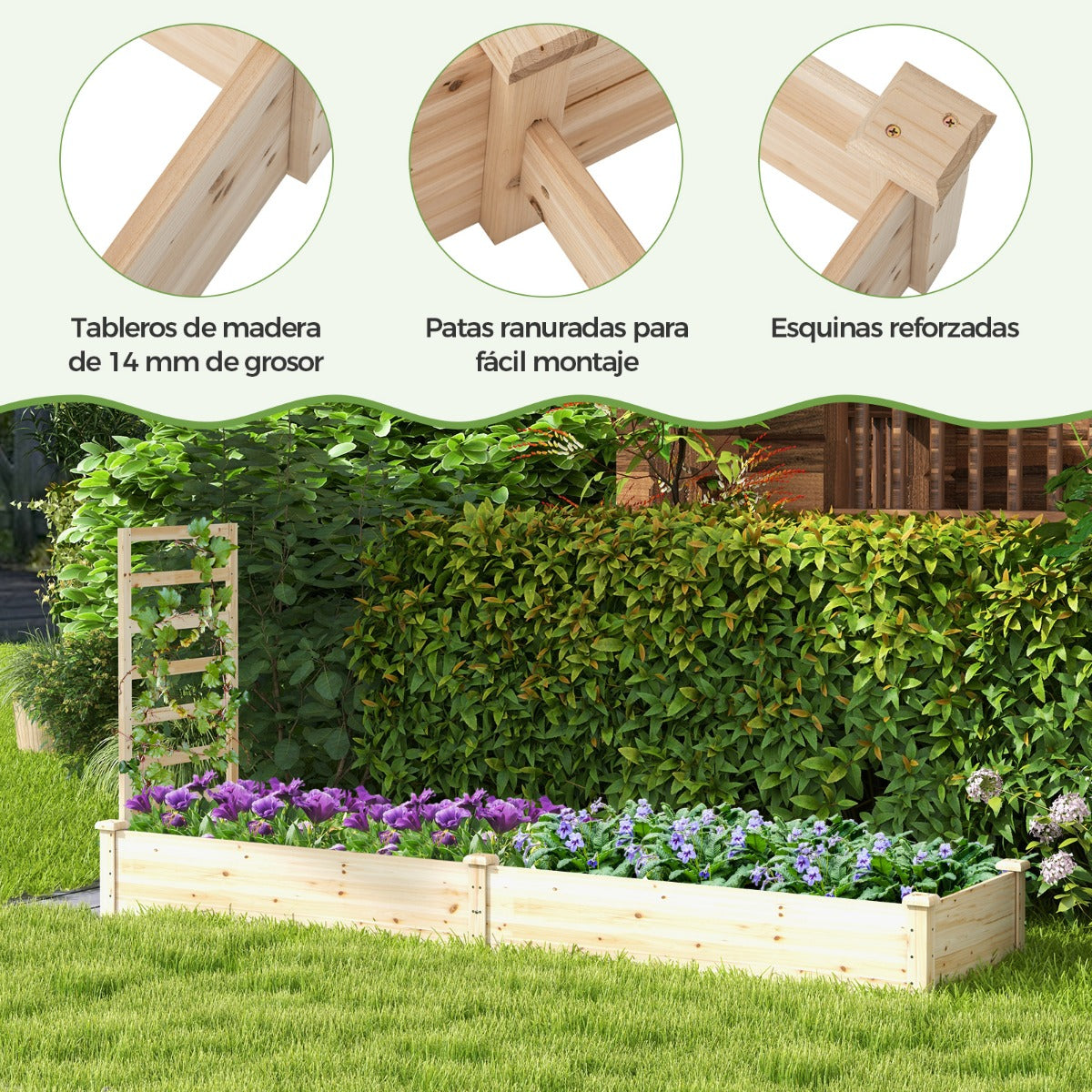 Cama de Jardín Elevada con 2 Macetero y Enrejado Kit de Macetero de Madera para Exteriores Patio y Balcón 235 x 63 x 102 cm Natural