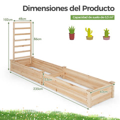 Cama de Jardín Elevada con 2 Macetero y Enrejado Kit de Macetero de Madera para Exteriores Patio y Balcón 235 x 63 x 102 cm Natural