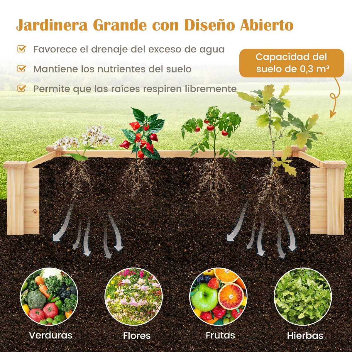 Cama de Jardín Elevada con Contenedor de Compost y Fondo Abierto Kit de Macetero de Madera para Flores Plantas 24 x 124 x 25,5 cm Natural