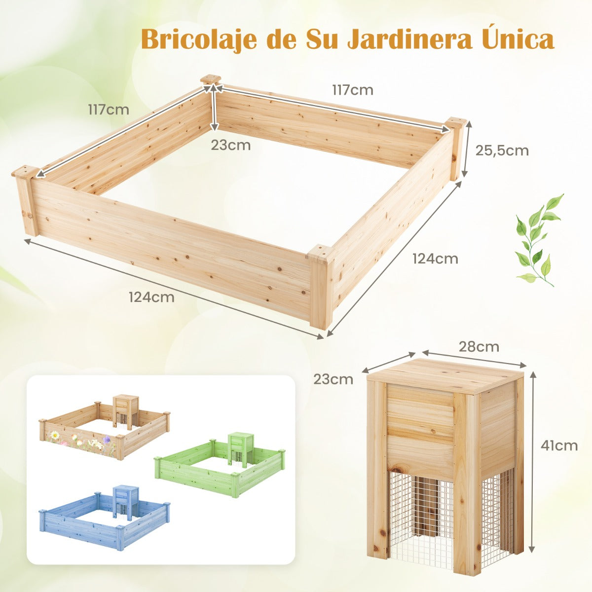 Cama de Jardín Elevada con Contenedor de Compost y Fondo Abierto Kit de Macetero de Madera para Flores Plantas 24 x 124 x 25,5 cm Natural