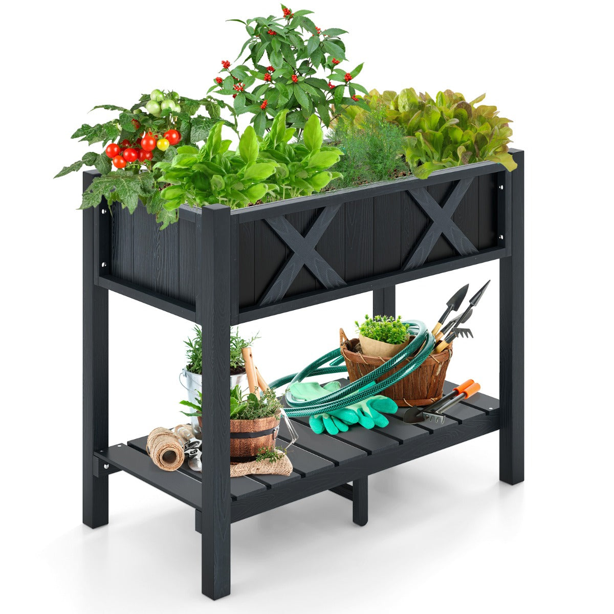 Cama de Jardín Elevada con Patas Orificios de Drenaje Estante de Almacenamiento Cama de Cultivo para Plantas Hierbas 86 x 45 x 73 cm Negro