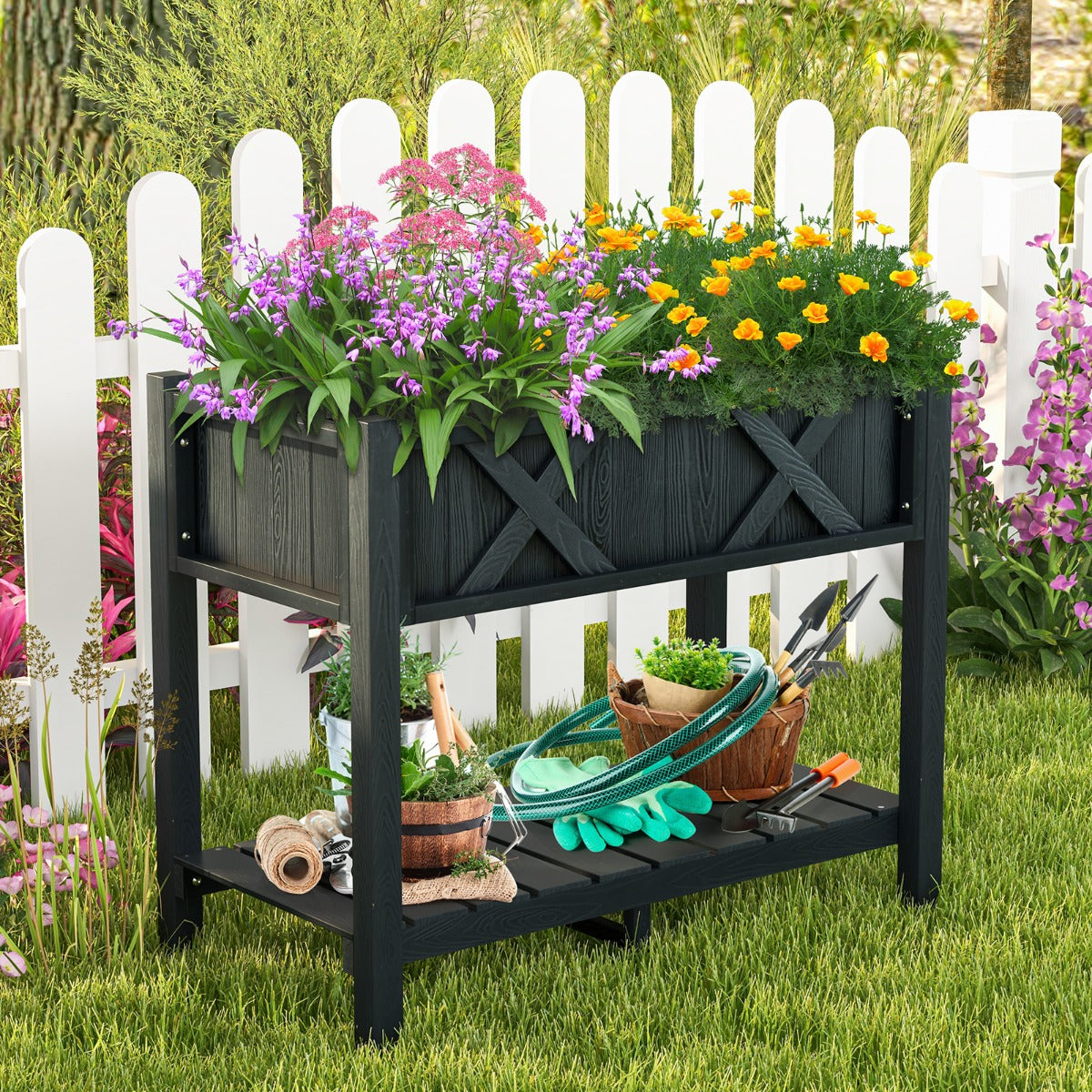 Cama de Jardín Elevada con Patas Orificios de Drenaje Estante de Almacenamiento Cama de Cultivo para Plantas Hierbas 86 x 45 x 73 cm Negro