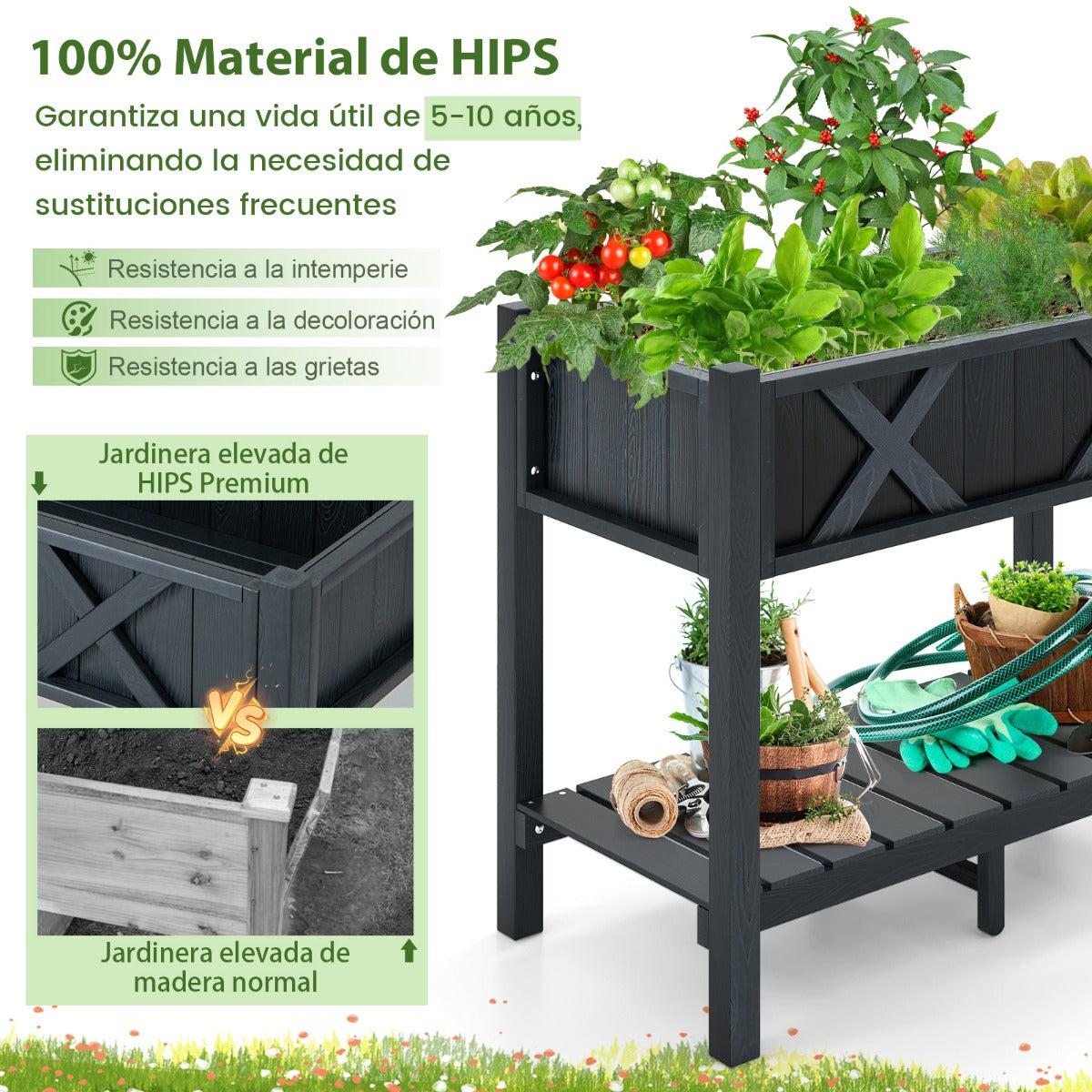 Cama de Jardín Elevada con Patas Orificios de Drenaje Estante de Almacenamiento Cama de Cultivo para Plantas Hierbas 86 x 45 x 73 cm Negro