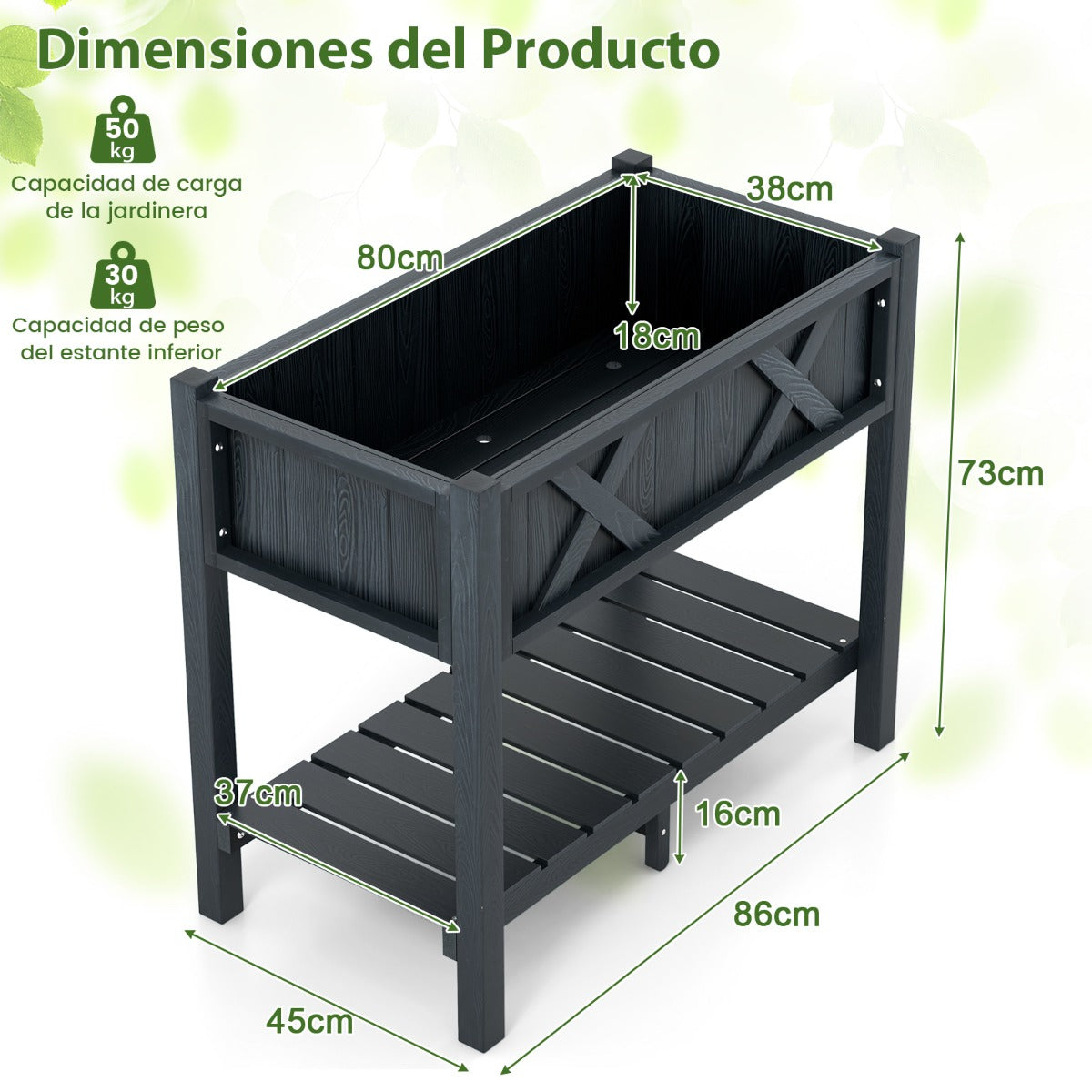 Cama de Jardín Elevada con Patas Orificios de Drenaje Estante de Almacenamiento Cama de Cultivo para Plantas Hierbas 86 x 45 x 73 cm Negro