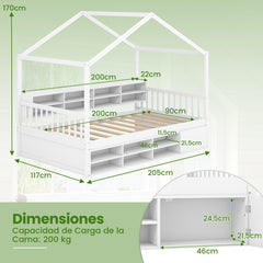 Cama de Casa de Tamaño Individual con Techo Estructura de Cama de Plataforma de Madera con 14 Cubos de Almacenaje Armario Cerrado Blanco