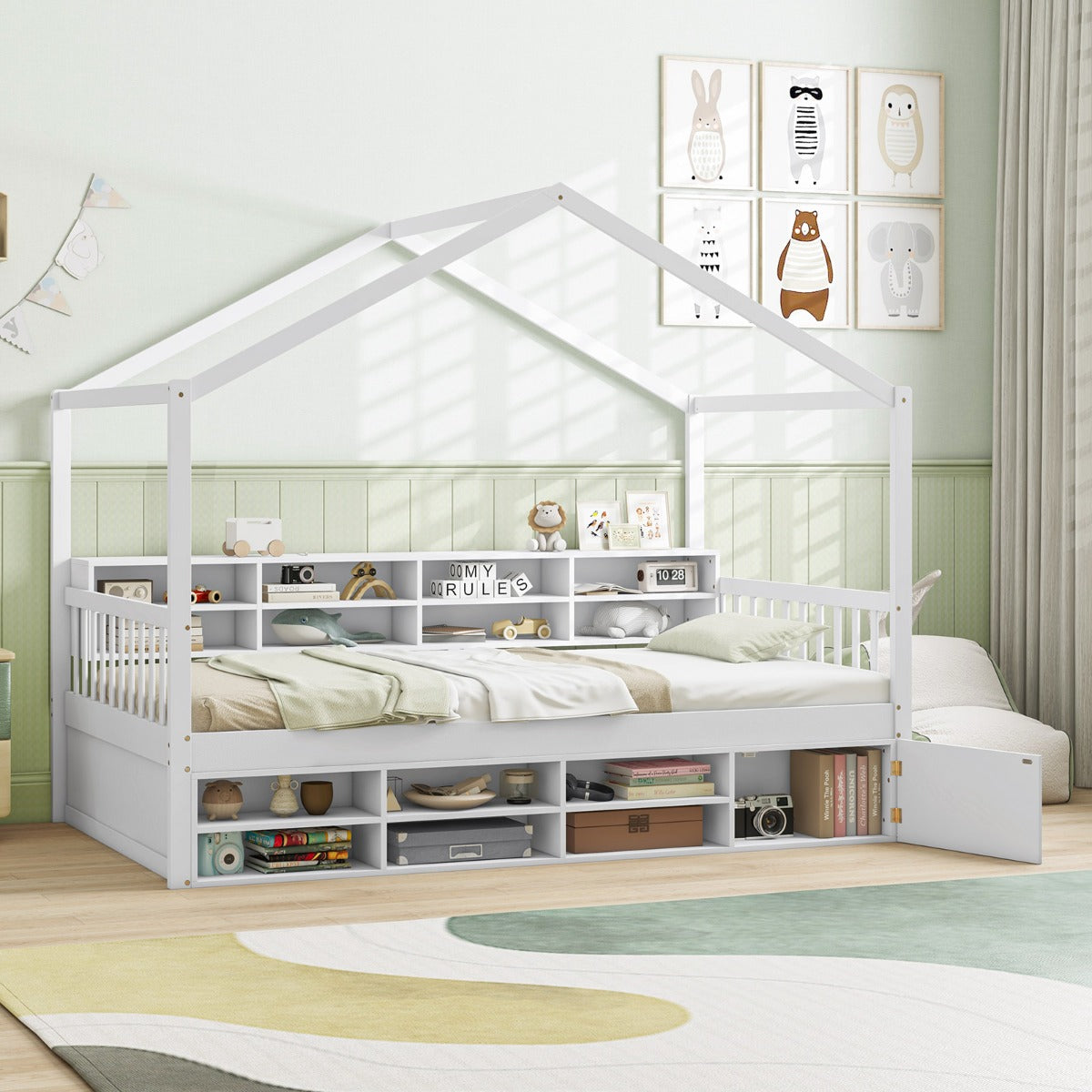 Cama de Casa de Tamaño Individual con Techo Estructura de Cama de Plataforma de Madera con 14 Cubos de Almacenaje Armario Cerrado Blanco