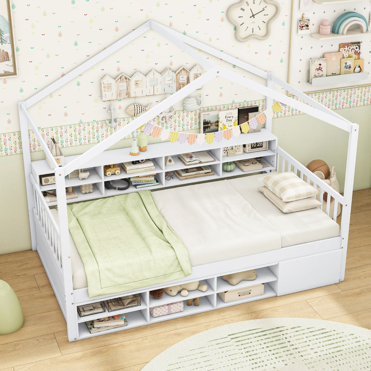 Cama de Casa de Tamaño Individual con Techo Estructura de Cama de Plataforma de Madera con 14 Cubos de Almacenaje Armario Cerrado Blanco