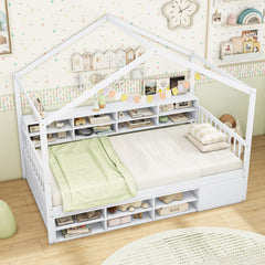 Cama de Casa de Tamaño Individual con Techo Estructura de Cama de Plataforma de Madera con 14 Cubos de Almacenaje Armario Cerrado Blanco