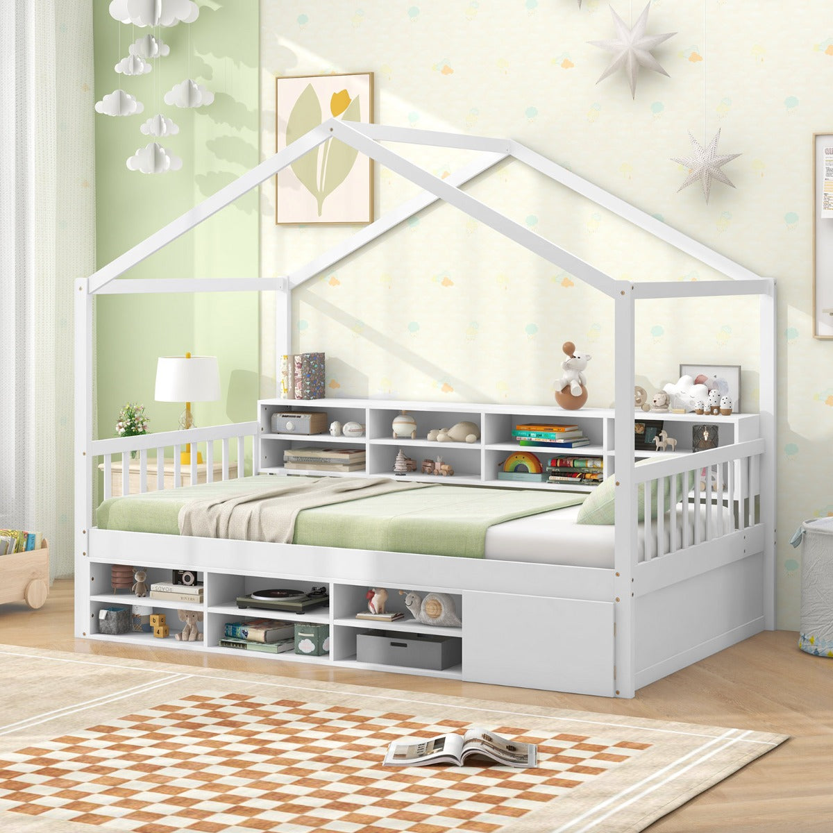 Cama de Casa de Tamaño Individual con Techo Estructura de Cama de Plataforma de Madera con 14 Cubos de Almacenaje Armario Cerrado Blanco