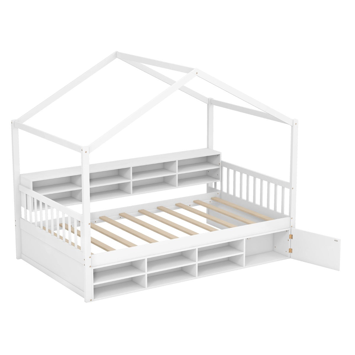 Cama de Casa de Tamaño Individual con Techo Estructura de Cama de Plataforma de Madera con 14 Cubos de Almacenaje Armario Cerrado Blanco