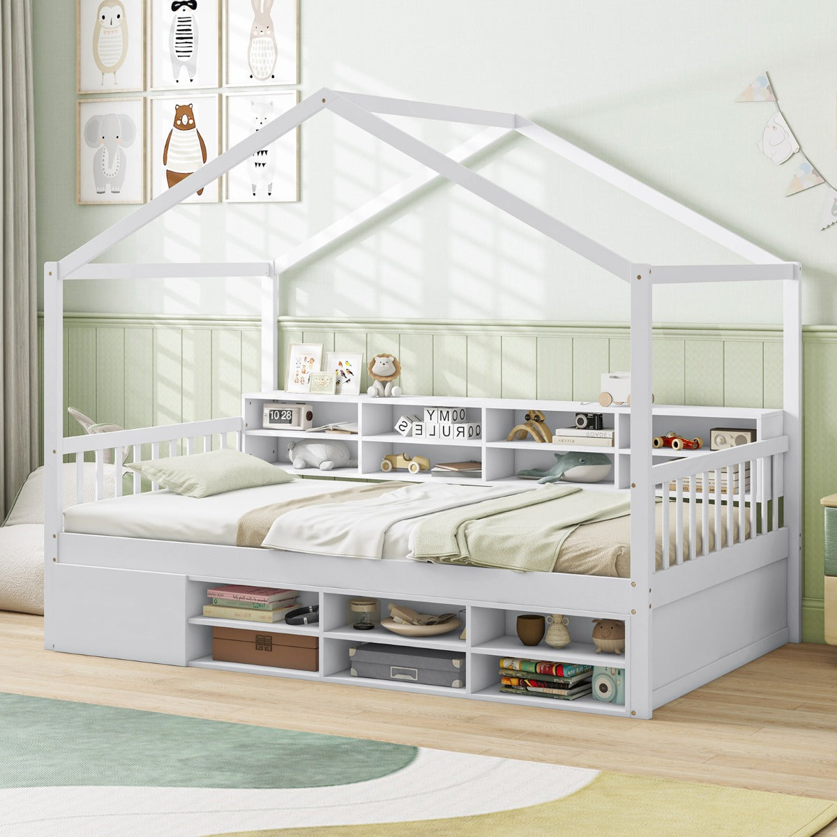 Cama de Casa de Tamaño Individual con Techo Estructura de Cama de Plataforma de Madera con 14 Cubos de Almacenaje Armario Cerrado Blanco