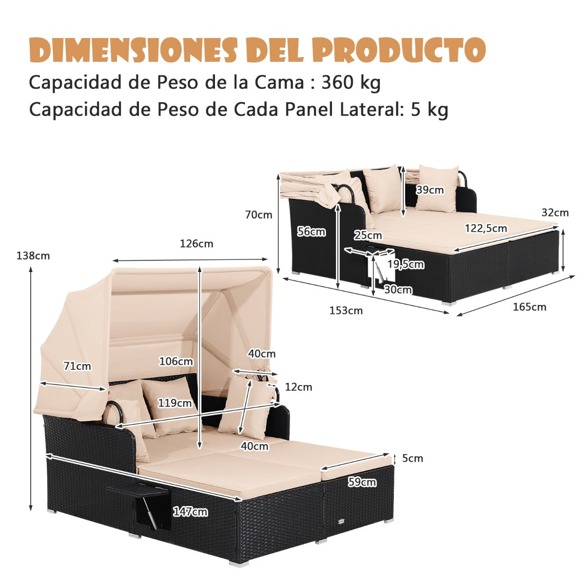 Cama Doble de Día de Ratán para Patio Tumbona con Cojines Dos Paneles Laterales Plegables para Jardín Patio Porche-Marrón
