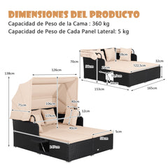 Cama Doble de Día de Ratán para Patio Tumbona con Cojines Dos Paneles Laterales Plegables para Jardín Patio Porche-Marrón