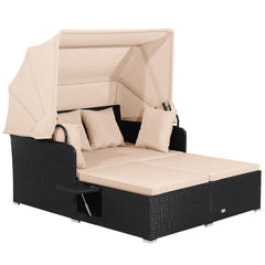 Cama Doble de Día de Ratán para Patio Tumbona con Cojines Dos Paneles Laterales Plegables para Jardín Patio Porche-Marrón