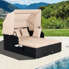 Cama Doble de Día de Ratán para Patio Tumbona con Cojines Dos Paneles Laterales Plegables para Jardín Patio Porche-Marrón