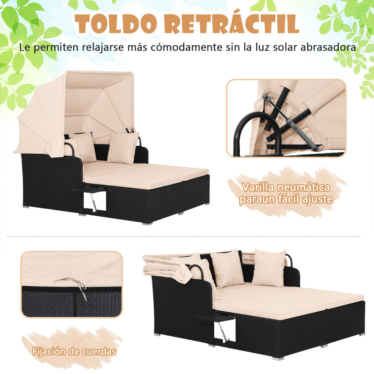 Cama Doble de Día de Ratán para Patio Tumbona con Cojines Dos Paneles Laterales Plegables para Jardín Patio Porche-Marrón
