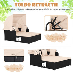Cama Doble de Día de Ratán para Patio Tumbona con Cojines Dos Paneles Laterales Plegables para Jardín Patio Porche-Marrón