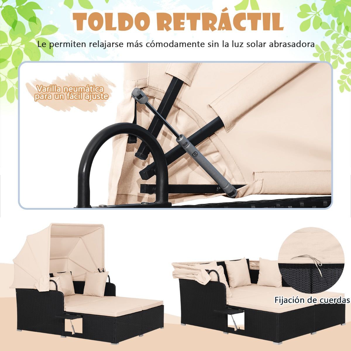 Cama Doble de Día de Ratán para Patio Tumbona con Cojines Dos Paneles Laterales Plegables para Jardín Patio Porche-Marrón