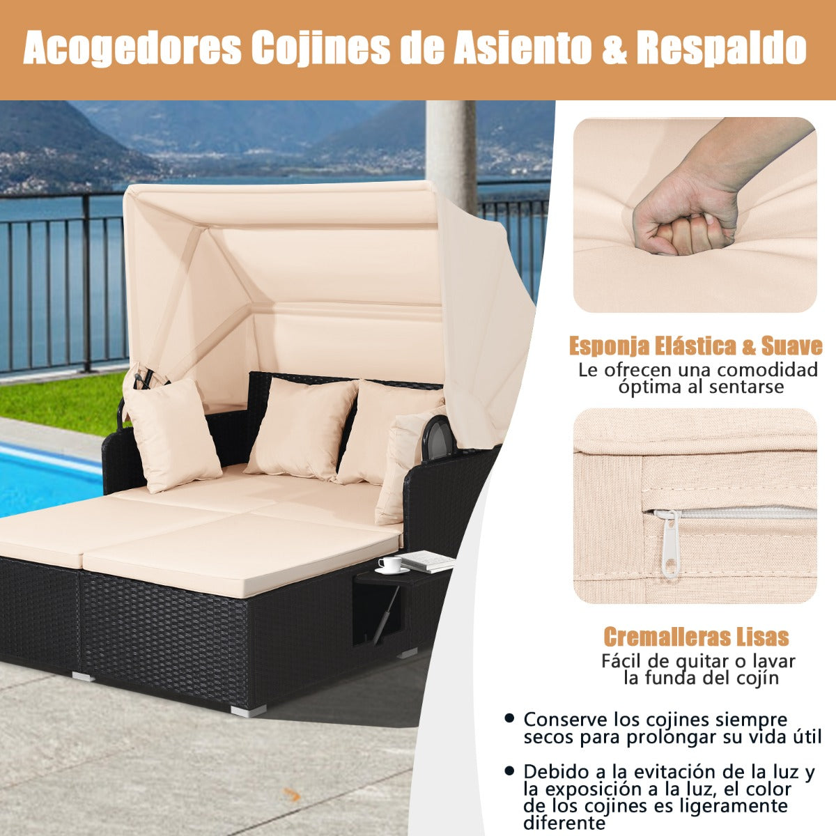 Cama Doble de Día de Ratán para Patio Tumbona con Cojines Dos Paneles Laterales Plegables para Jardín Patio Porche-Marrón