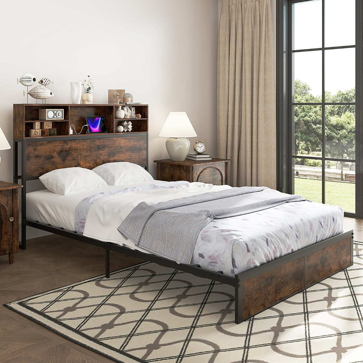 Cama Doble con Estación de Carga Estructura de Cama Metálica con Cabecera de Almacenaje Soporte de Láminas Espacio Bajo la Cama 200 x 140 cm