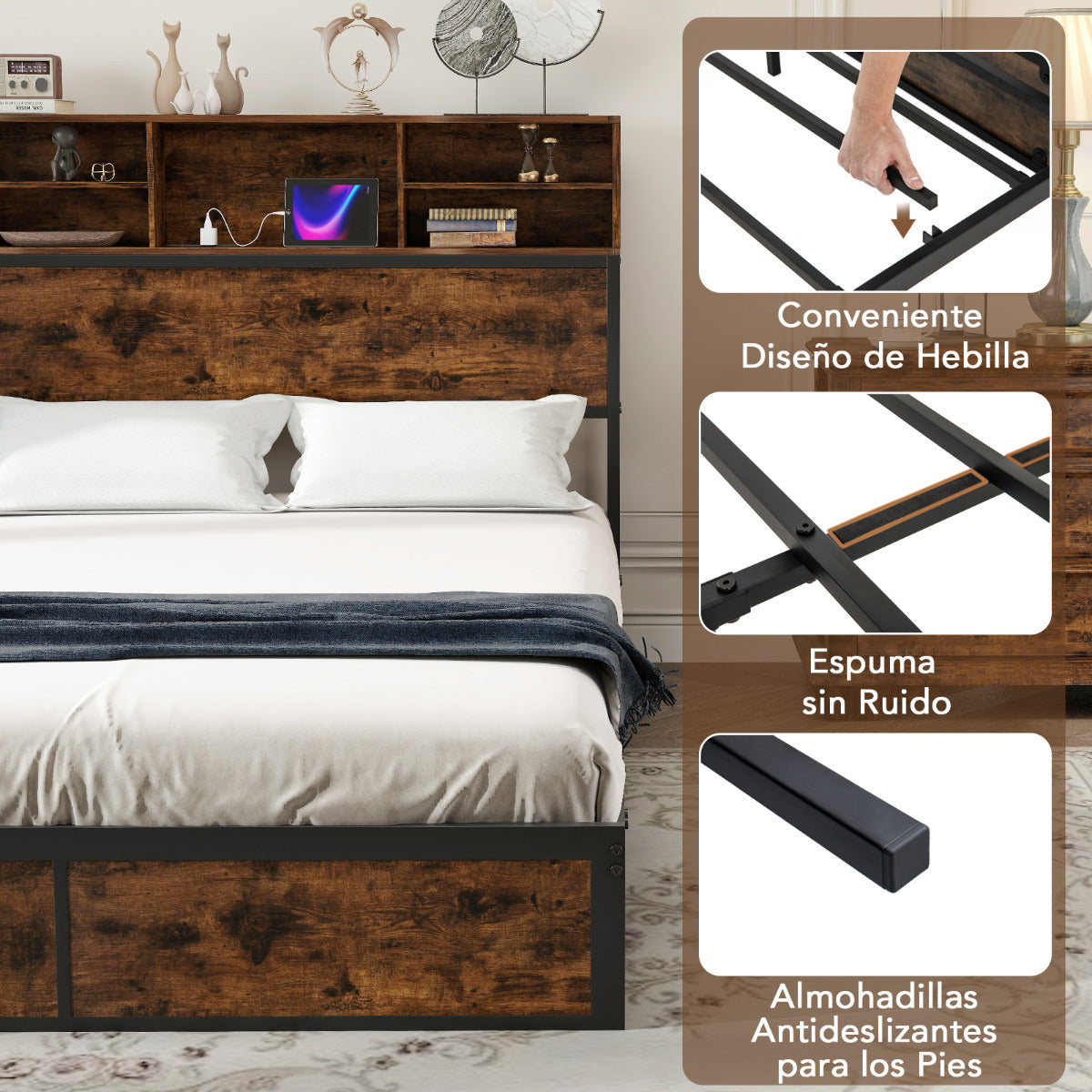 Cama Doble con Estación de Carga Estructura de Cama Metálica con Cabecera de Almacenaje Soporte de Láminas Espacio Bajo la Cama 200 x 140 cm