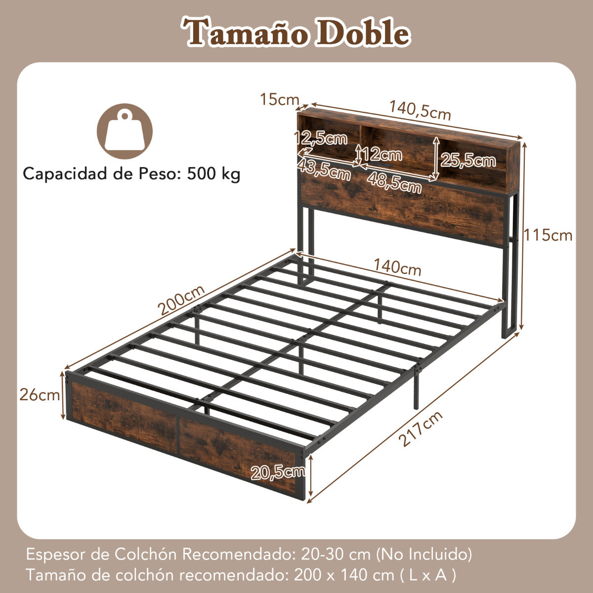 Cama Doble con Estación de Carga Estructura de Cama Metálica con Cabecera de Almacenaje Soporte de Láminas Espacio Bajo la Cama 200 x 140 cm