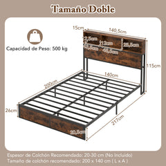 Cama Doble con Estación de Carga Estructura de Cama Metálica con Cabecera de Almacenaje Soporte de Láminas Espacio Bajo la Cama 200 x 140 cm