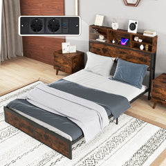 Cama Doble con Estación de Carga Estructura de Cama Metálica con Cabecera de Almacenaje Soporte de Láminas Espacio Bajo la Cama 200 x 140 cm