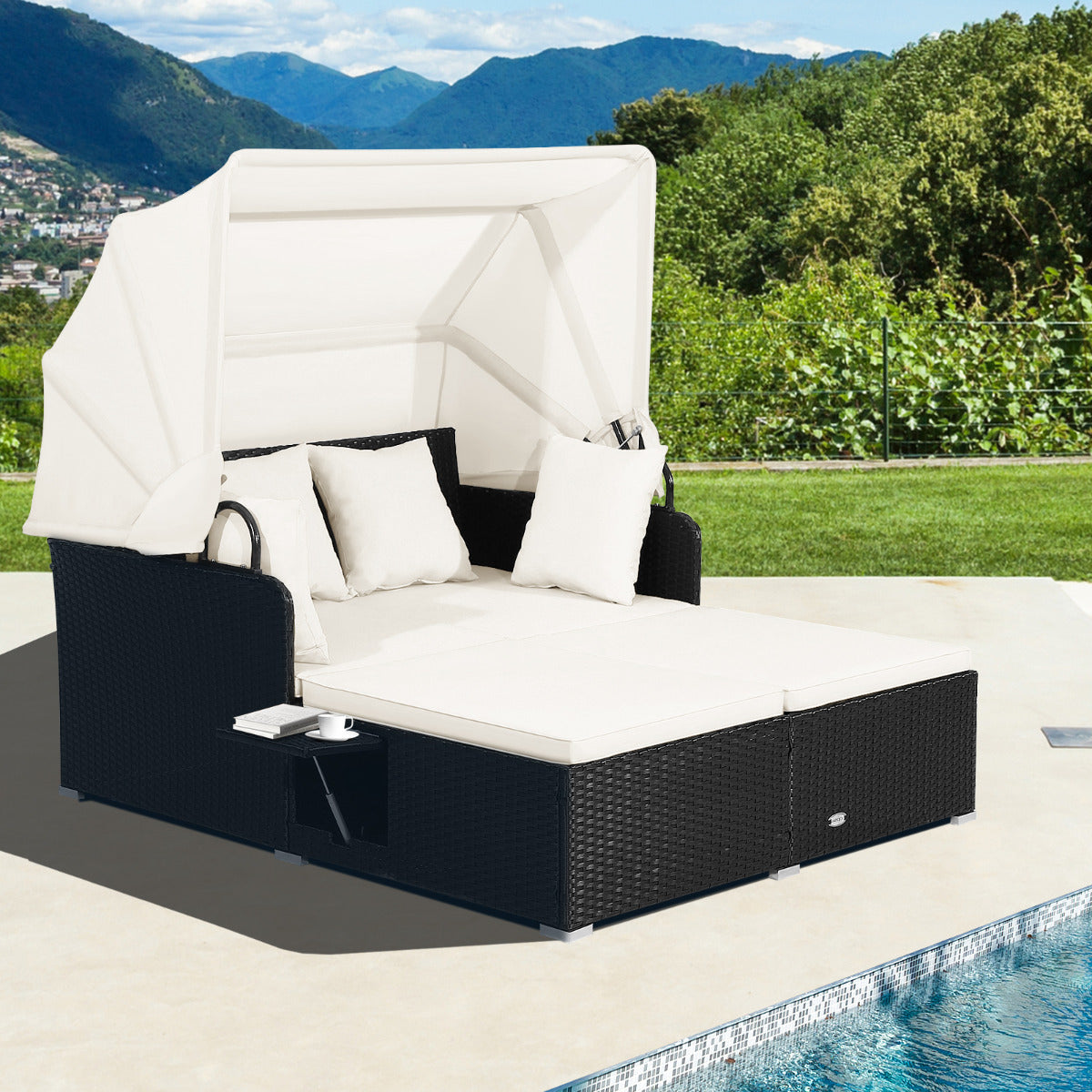 Cama Doble de Día de Ratán para Patio Tumbona con Cojines Dos Paneles Laterales Plegables para Jardín Patio Porche Blanco