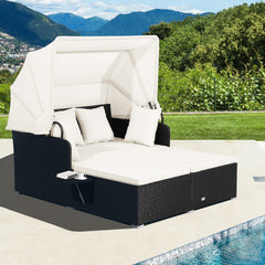 Cama Doble de Día de Ratán para Patio Tumbona con Cojines Dos Paneles Laterales Plegables para Jardín Patio Porche Blanco