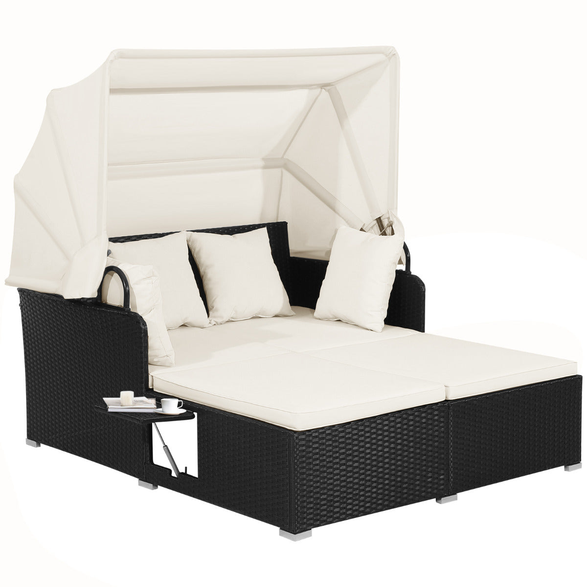 Cama Doble de Día de Ratán para Patio Tumbona con Cojines Dos Paneles Laterales Plegables para Jardín Patio Porche Blanco