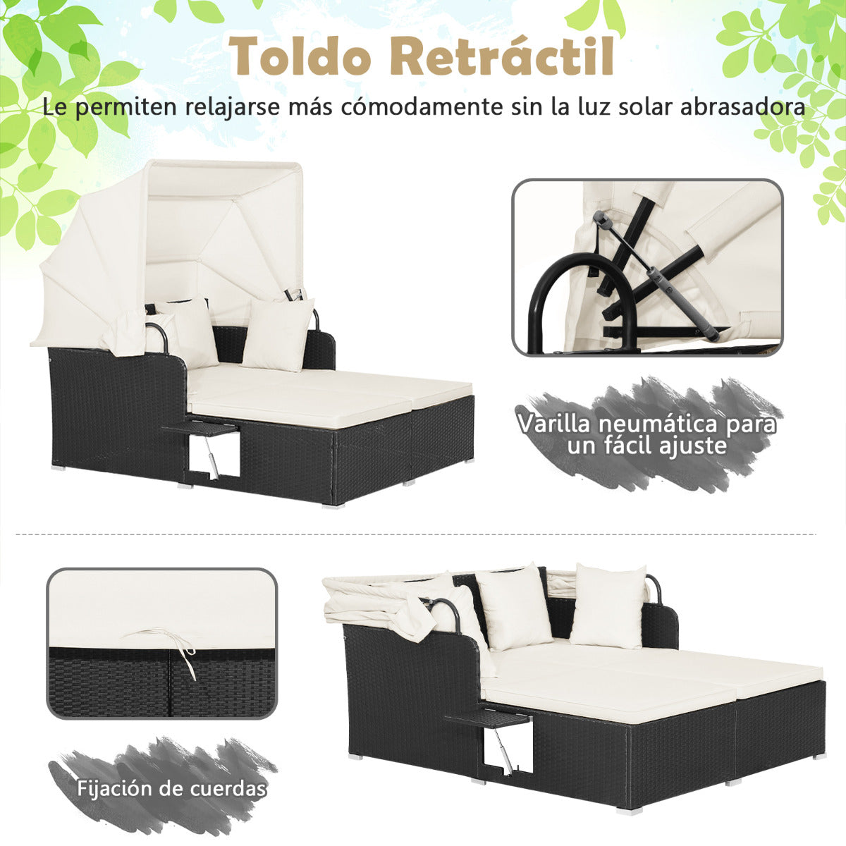 Cama Doble de Día de Ratán para Patio Tumbona con Cojines Dos Paneles Laterales Plegables para Jardín Patio Porche Blanco