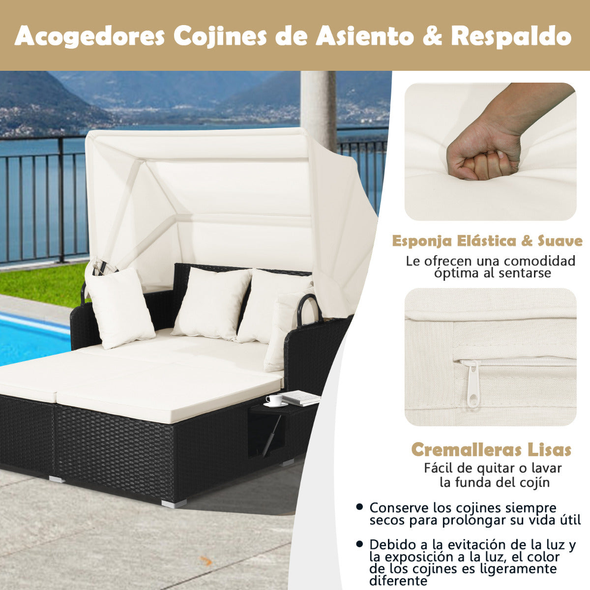 Cama Doble de Día de Ratán para Patio Tumbona con Cojines Dos Paneles Laterales Plegables para Jardín Patio Porche Blanco