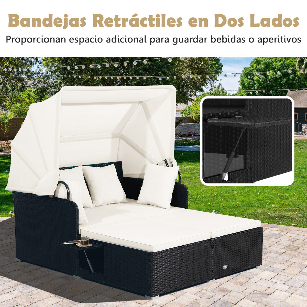 Cama Doble de Día de Ratán para Patio Tumbona con Cojines Dos Paneles Laterales Plegables para Jardín Patio Porche Blanco